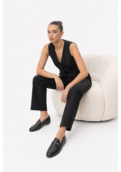 Luvishoes F03 Hakiki Deri Kadın Loafer Ayakkabı Siyah Cilt Siyah