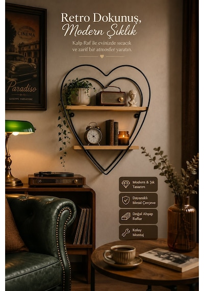 Jasper Love Ahşap Detaylı Kalpli Banyo Ve Mutfak Rafı Metal Raf Dekoratif Duvar Rafı 2 Katlı