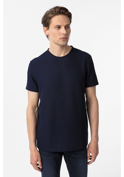 Süvari Lacivert Slim Fit Armürlü Bisiklet Yaka Tişört-37379 Lacivert