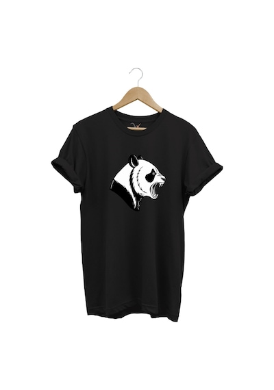 Kızgın Kükreyen Panda Baskılı %100 Pamuk Bisiklet Yaka Regular Fit Siyah T-shirt Siyah