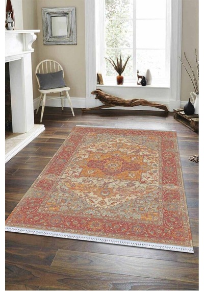 Pembe Klasik Göbekli Dokuma Pamuk Taban Kaymaz Kilim Klm146n11