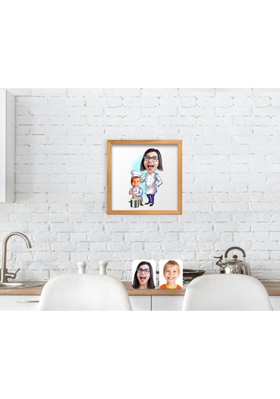 Bk Home Anne Oğul Chef Karikatürlü El Yapımı Ahşap Çerçeveli Tabl (551043519)