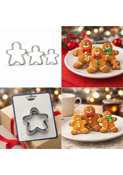 3'lü Adam Kurabiye Kalıbı Seti Paslanmaz Çelik Gingerbread Figür Hamur Kesici Çok Renkli