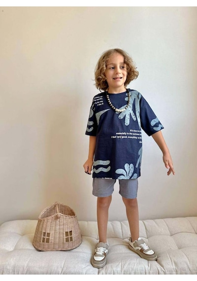 Miniko Kids Erkek Çocuk Kaktüs Desenli Müslin Şortlu Pamuk Takım Lacivert