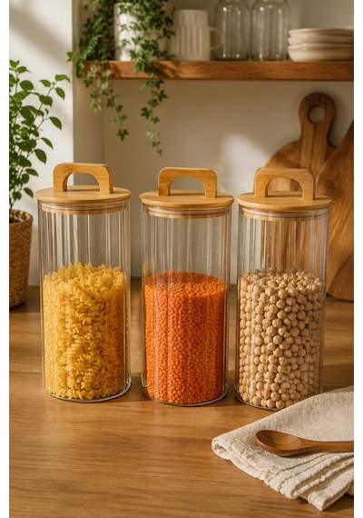 Aria- 3'lü Borosilikat Bambu Kapaklı Kavanoz 1300 Ml Çizgili Şeffaf