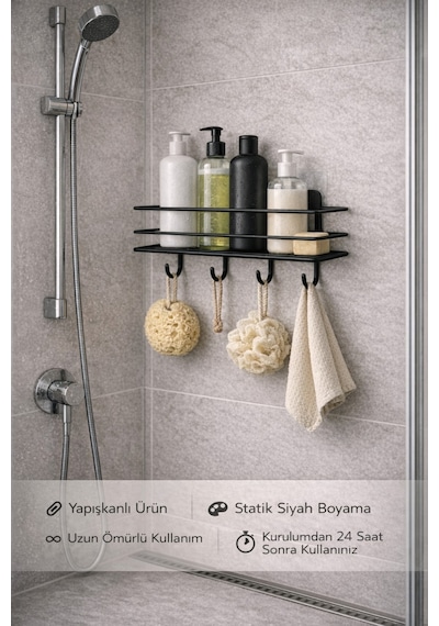 Alper Banyo Yapışkanlı 4 Kancalı Siyah TŞ01 Banyo ve Mutfak Rafı Siyah Banyo Duş Askıs 1 Adet Çok Renkli