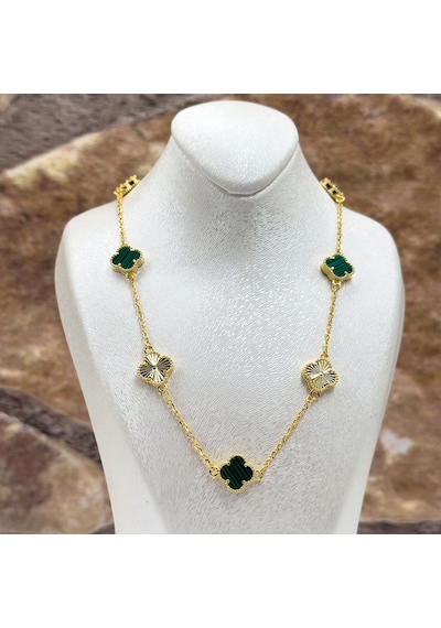 Malachite Taşlı Yonca Gümüş Kolye Sarı