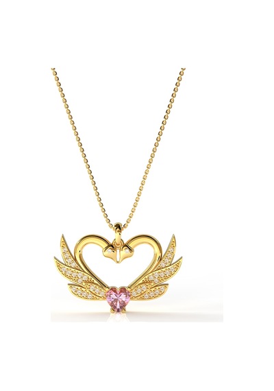 925 Ayar Zirkon Taşlı Gold Birleşen Kuğular Kalp Motifli Gümüş Aşk Kolyesi Gümüş - Rodyum