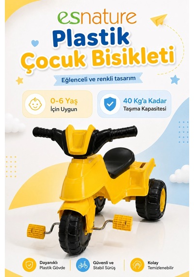 Esnature Plastik Çocuk Bisikleti 3 Tekerlekli Pedallı Led Işıklı Sarı 0-6 Yaş 40 Kg Taşıma Kapasitel