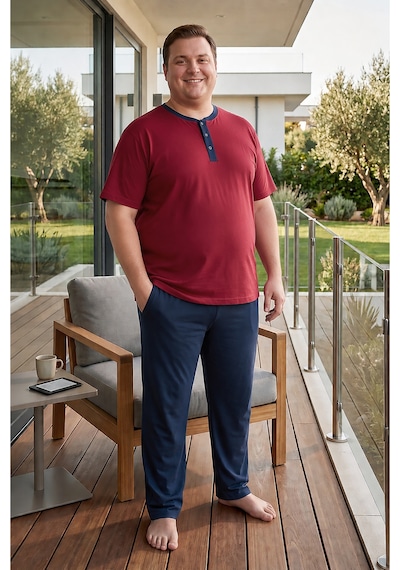 Bravie Erkek Yakası Düğmeli Altı Uzun Kısa Kollu Pamuklu Büyük Beden Yazlık Pijama Takımı Bordo Bordoo