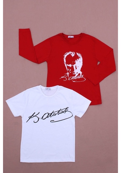 Fyk Kids 2'li Atatürk-imza Farklı Desenli Erkek-kız Çocuk T-shirt Beyaz - Kırmızı