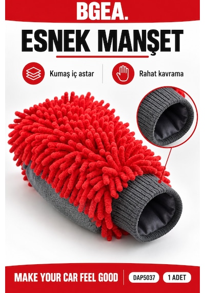 Bgea Premium Şönil Çift Katlı Mikrofiber Araç Yıkama Eldiveni Kırmızı 1 Adet