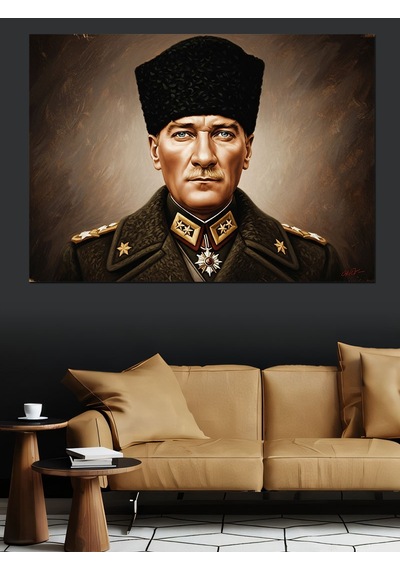Yağlı Boya Kalpak Başlıklı Atatürk Portresi Dekoratif Kanvas - Mdf Ahşap Tablo