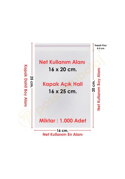 16x20+5 Cm. 16x25 1.000 Adet Şeffaf Bantlı Yapışkanlı Opp Poşet