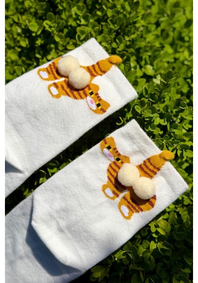 Lousocks Unisex Bej Yan Profil Tekir Kedi Desenli Ponpon Soket Çorap