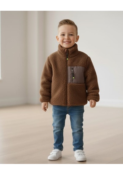 Smalltouch Unisex Çocuk Yumuşak Dokulu Astarlı Fermuarlı Cepli Peluş Hırka Kahverengi