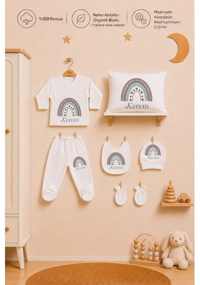 Pia Baby Kişiye Özel Erkek Bebek Zıbın Seti 6 Parça %100 Pamuk Hastane Çıkışı Yastık Kılıfı 1073yz3x Ekru