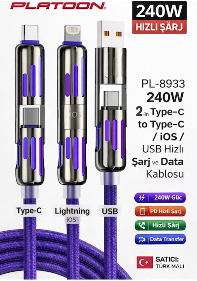 Platoon Pl-8933 240w 2in1 Type-c To Type-c / Apple Uyumlu iOS / Usb Hızlı Şarj Ve Data Kablosu