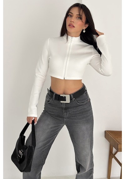 Kadın Fermuarlı Crop Ceket Dinamik & Modern Stil Beyaz