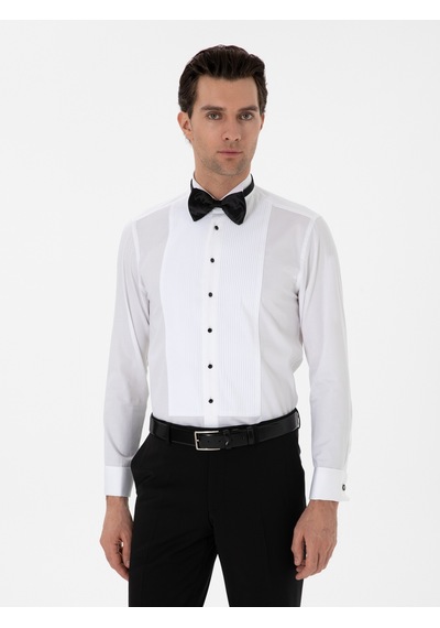 Cacharel Beyaz Slim Fit Pamuk Karışımlı Ata Yaka Smokin Gömlek