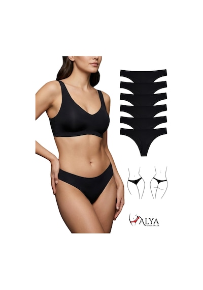 Alya Underwear Lazer Kesim Dikişsiz Tanga Külot, Seamless String 6'lı Paket Siyah