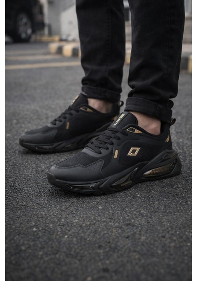 Erkek Siyah Air Taban Spor Ayakkabı Gold-gümüş Detaylı Sneaker Siyah - Altın
