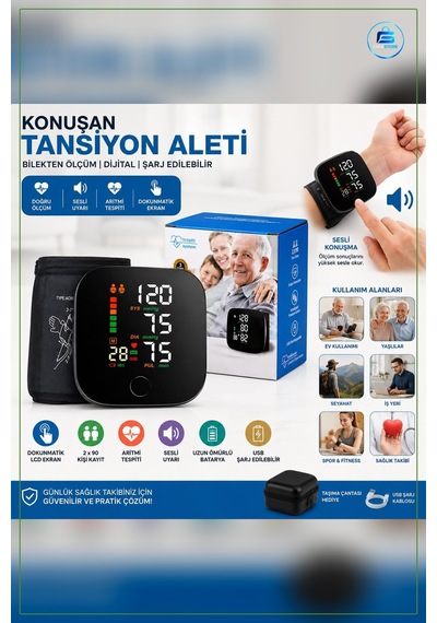 Bilek Tipi Dijital Tansiyon Ölçer Usb Şarjlı Konuşan Tansiyon Ve