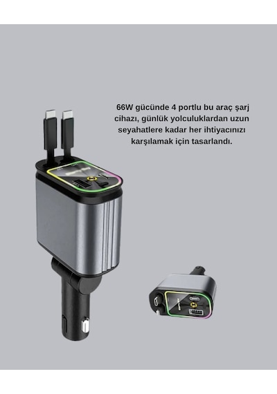 Araç Şarj Cihazı 66w 4 Portlu Hızlı Şarj Ve Led Işıklı Gri