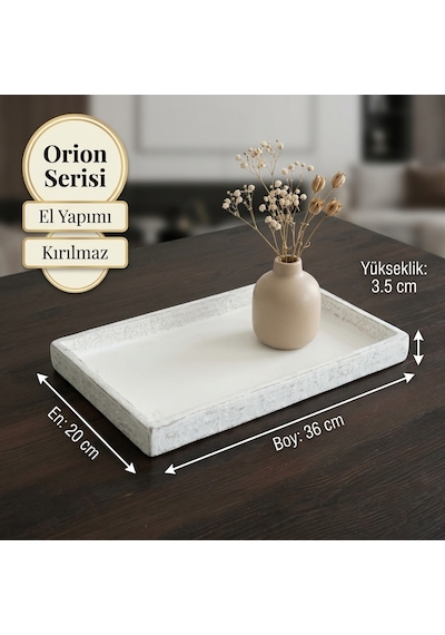 Orion Serisi Eskitme Beyaz El Yapımı Kırılmaz Dekoratif Sunum Tepsisi 20x36 Cm