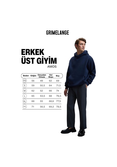 Grımelange AMOS Erkek Yumuşak Kumaşlı 3 İplik Oversize Kapüşonlu Kanguru Cepli Lacivert Sweatshirt
