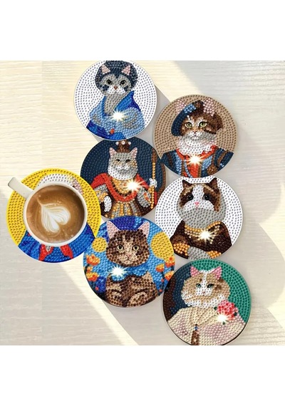 Sanatsal Kedi Temalı Dıy Elmas Boyama Bardak Altlığı Seti 124-Pembe