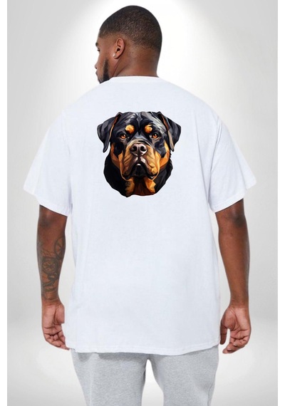 Angemiel Rottweiler Kafası Büyük Beden Beyaz Tişört Kadın Erkek Ünisex Sırt Baskılı Beyaz
