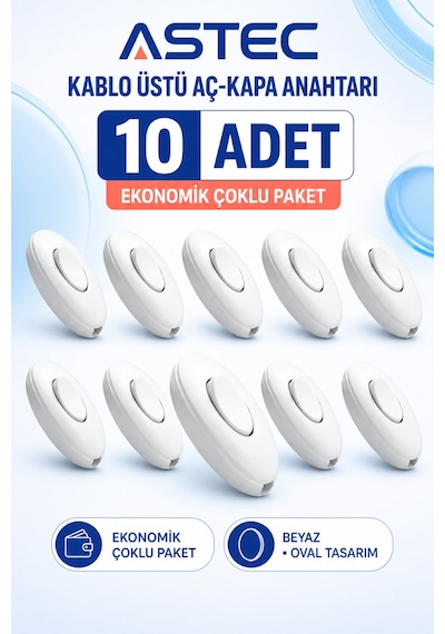 Astec Kaliteli Ara Puar Anahtar Beyaz Kablo Üstü Aç Kapa Düğmesi 10 Adet Ovel