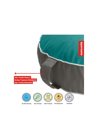 Xpermate Fermuarlı Yıkanabilir Puf Minder Yer Minderi Yuvarlak Turkuaz Gri