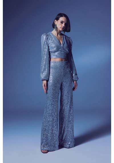 Sateen Kruvaze Payetli Crop Bluz - Gümüş