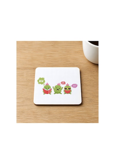 Wow Why Kaktüsler Baskılı 9x9 Cm Kare Mdf Bardak Altlığı Ahşap Çok Renkli