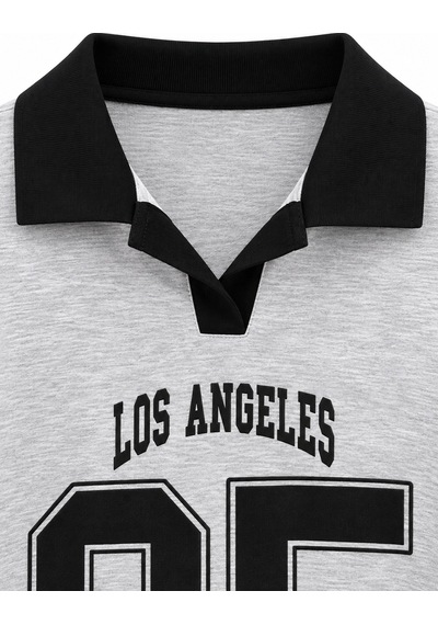 Mixray 2258 Kadın Los Angeles 95 Baskılı Polo Yaka Sweatshirt Gri