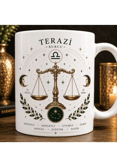 Terazi Burcu Temalı Kupa Bardak Astroloji Ve Burç Tasarımlı Seramik Kupa Beyaz