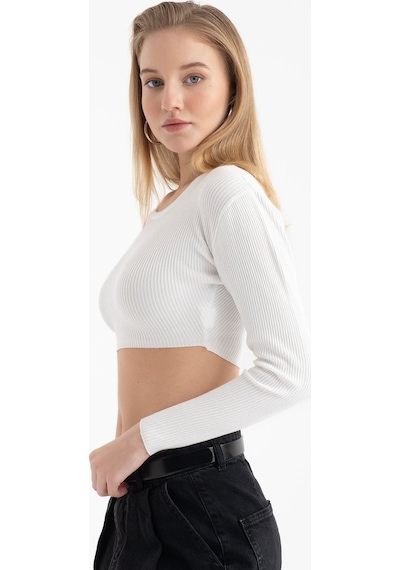 Hiccup Yuvarlak Yakalı Fitilli Örme Uzun Kollu Crop Top Tozlu Beyaz