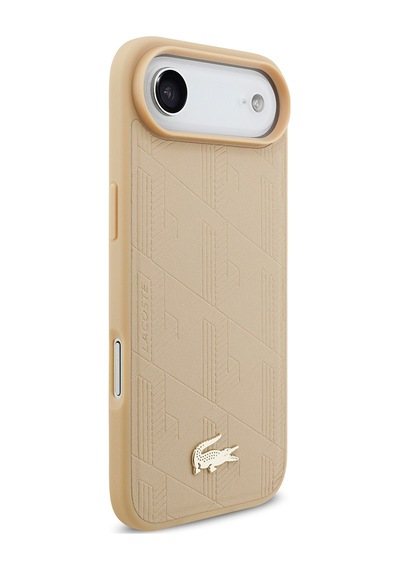 Apple Uyumlu iPhone 17 Air Kılıf Lacoste Lisanslı M-safeli Pu Deri Tasarımlı Karışık Monogram Desenli Kapak Bej Bej