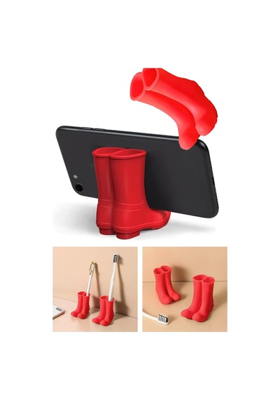Mini Çizme Tasarımlı Silikon Telefon Tutucu - Masaüstü Diş Fırçası Ve Kalemlik Organizer Taşınabilir Kırmızı