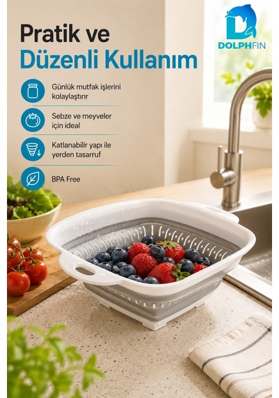 Katlanır Kare Süzgeç Mutfak Pratik Kullanım Gereci Beyaz - Gri