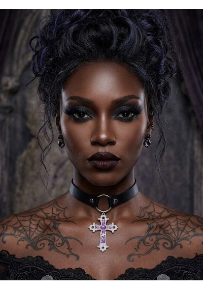 Mor Haç Detaylı Choker Kolye Kadın Gotik Boyunluk Kolye Punk Alternatif Moda Aksesuarı Ayarlanabilir Yaka Kolyesi
