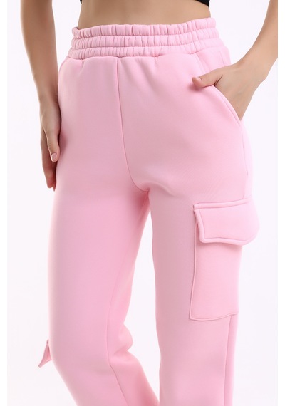 Winmoda34 Kadın Jogger Kalın 3 İplik Yandan Cepli Kargo Eşofman Altı Pembe