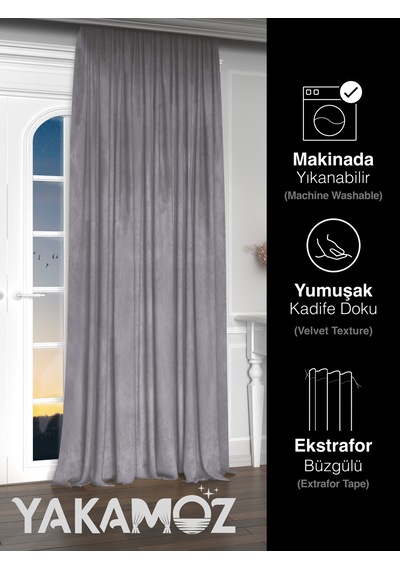 Yakamoz Kadife Görünüm Gümüş Grisi Ada Fon Perde Ekstraforlu Velvet Touch Serisi Gümüş Grisi Gri