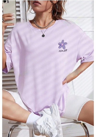 Flood Of Style Kadın Lila Flower Baskılı Oversize Mor