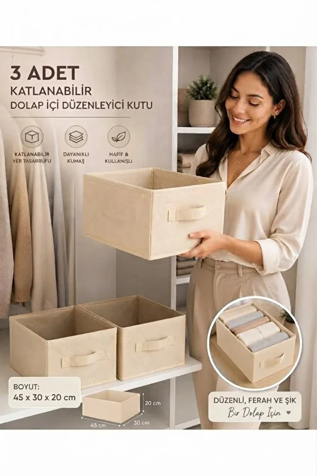 3 Adet Krem Kumaş Katlanabilir Dolap İçi Düzenleyici Kutu 45x30x20 Cm Kıyafet Ve Giysi Organizer Banyo Açık Bej