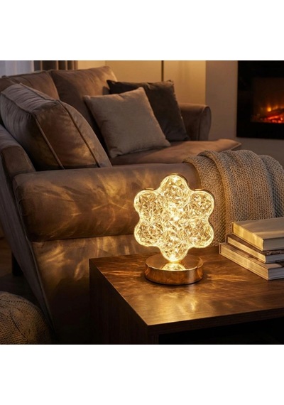 Çiçek Model Kristal Led Masa Lambası Dokunmatik, 3 Renk Işık Modlu, Şarjlı Mini Dekoratif Gece Lambası Beyaz