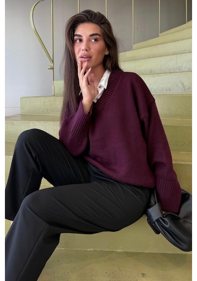 Madmext Mürdüm V Yaka Oversize Kadın Triko Kazak Mg2149 Mürdüm