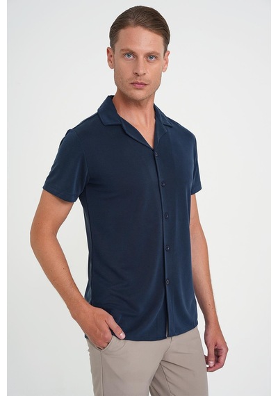 Efor Slim Fit Apaş Yaka Modal Karışımlı Kısa Kol Lacivert Gömlek G 1590 Lacivert
